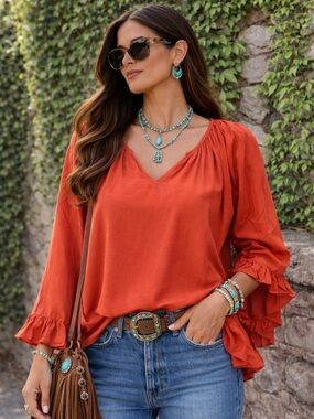 THE ADDISON STORY Coastal Cowgirl Southwest Rust Bell Sleeve V-Neck Blouse, S
